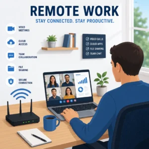 Remote Work - Video meetings, Cloud access, Team collaboration, File sharing, Secure connection